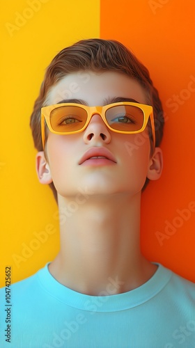 Portrait of a stylish individual wearing yellow sunglasses and a light blue t-shirt; against a vibrant two toned backdrop of yellow and orange, creating a striking visual contrast for eyewear ads