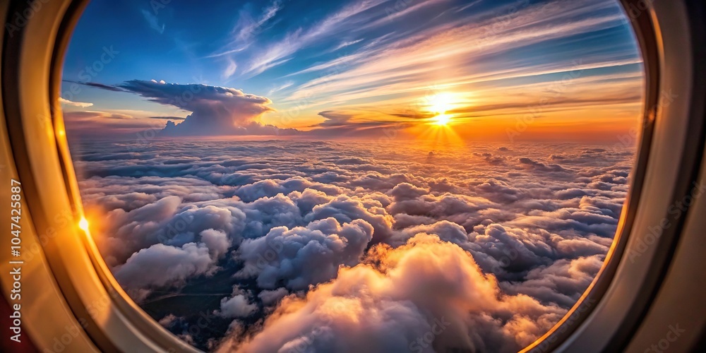 A breathtaking aerial view of a sunset cloudscape from an airplane window A breathtaking aerial view of a sunset cloudscape from an airplane window