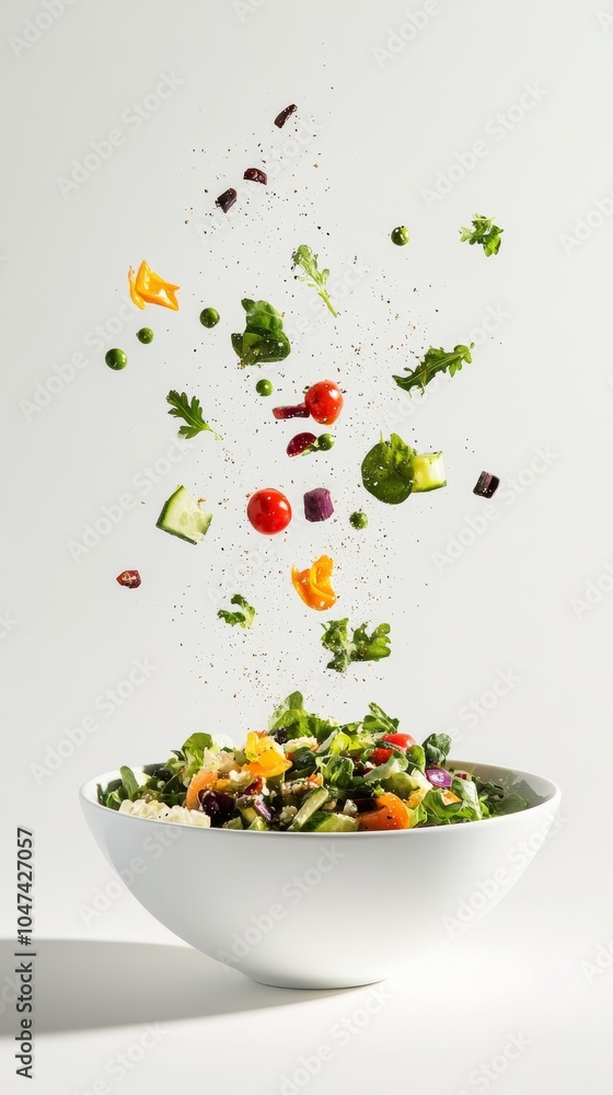 Fresh salad ingredients falling into white bowl Fresh salad ingredients falling into white bowl