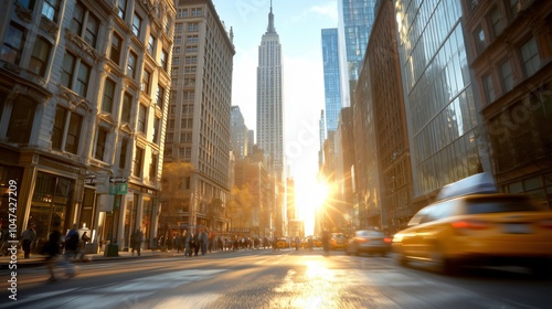 Taxis and people walking on fifth avenue during sunset with the empire state building glowing in the background in new york city