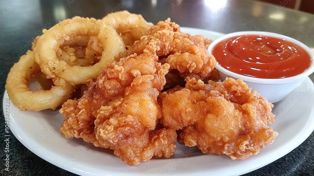 Crispy Fried Chicken and Onion Rings with Ketchup Crispy Fried Chicken and Onion Rings with Ketchup