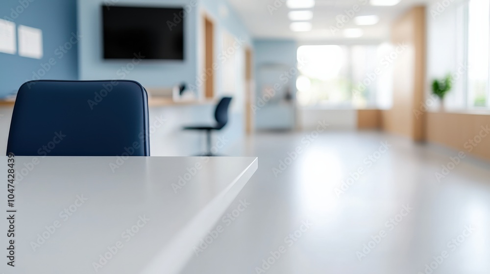 Empty chair and desk in a hospital reception area with blurred background. Healthcare and administrative environment concept Empty chair and desk in a hospital reception area with blurred background. Healthcare and administrative environment concept