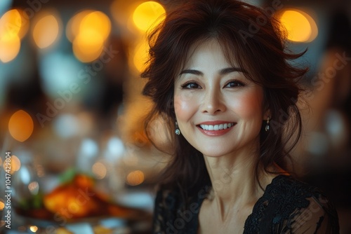 A smiling woman in a stylish setting, with warm lights and elegant decor in the background.