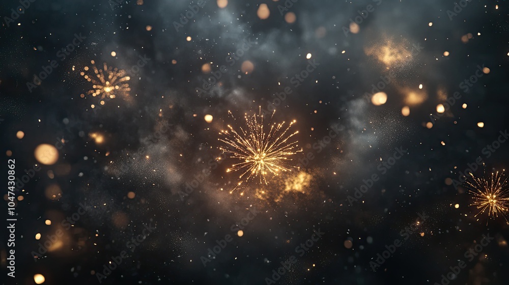 Fototapeta premium Elegant Happy New Year message on a dark, moody abstract backdrop with subtle bursts of gold and silver fireworks in the background.