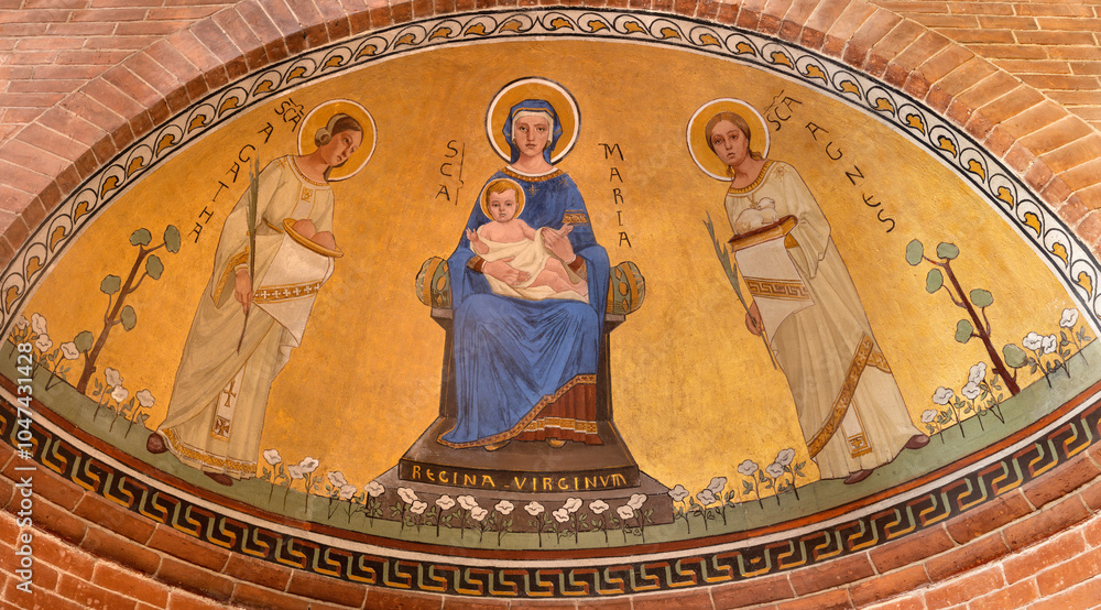 Obraz premium PAVIA, ITALY - SEPTEMBER 9, 2024: The fresco of Madonna with the St. Agatha and Agnes in the church Chiesa di San Tedoro 