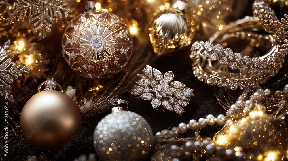 Elegant jewelry pieces arranged around a festive Christmas setting, including sparkling ornaments and twinkling lights, creating a luxurious holiday ambiance. Elegant jewelry pieces arranged around a festive Christmas setting, including sparkling ornaments and twinkling lights, creating a luxurious holiday ambiance.