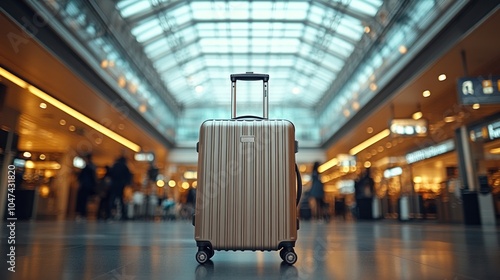 A sleek suitcase stands in an airport, symbolizing travel and adventure.