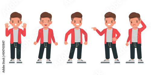 Kid boy wear red jacket character set. Boy is angry, sad and disappointed vector illustration design.