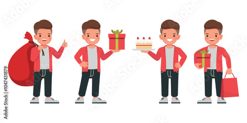 Kid wear red jacket character set. Boy holding gift box and birthday cake vector illustration design.