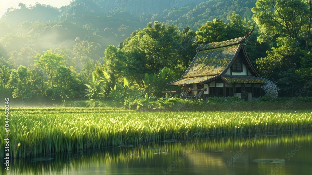A Traditional Japanese House Nestled in a Lush, Foggy Forest A Traditional Japanese House Nestled in a Lush, Foggy Forest