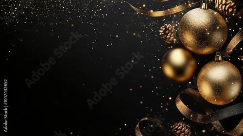 Modern black and gold Christmas background featuring golden baubles, ribbons, and twinkling lights, ideal for a classy festive design.