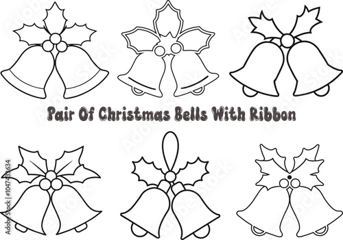 Pair of Christmas bells with ribbon line art drawing bundle