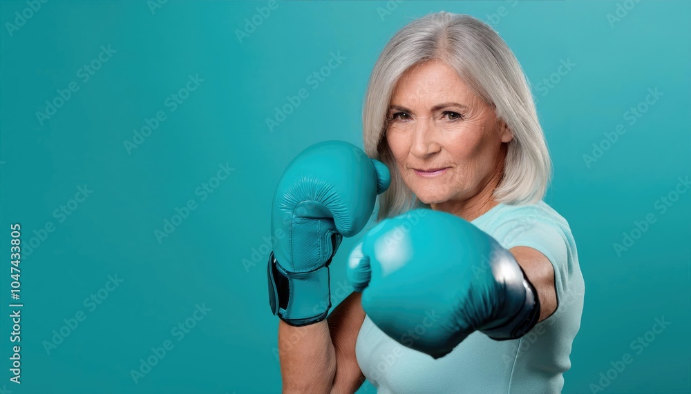 Middle-aged woman with a teal boxing glove fighting punch, isolated on the teal background Middle-aged woman with a teal boxing glove fighting punch, isolated on the teal background
