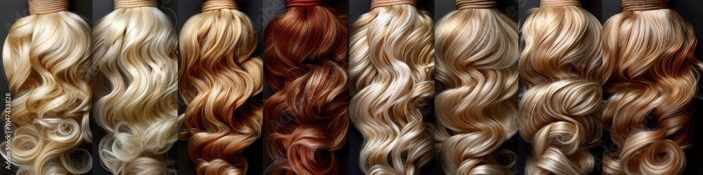 A variety of hair extensions in different shades arranged in curls against a dark background
A variety of hair extensions in different shades arranged in curls against a dark background