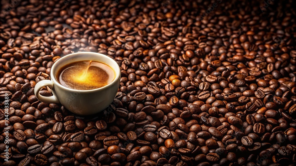 A fragrant cup of coffee with roasted beans A fragrant cup of coffee with roasted beans