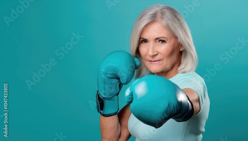 Middle-aged woman with a teal boxing glove fighting punch, isolated on the teal background