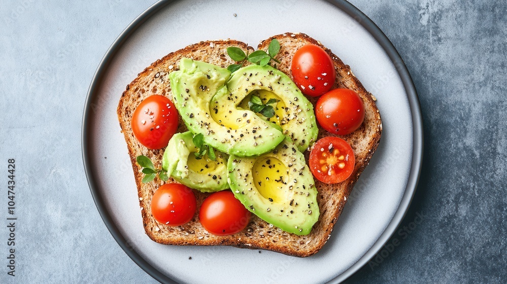 Healthy Whole Grain Toast with Avocado and Tomatoes Healthy Whole Grain Toast with Avocado and Tomatoes