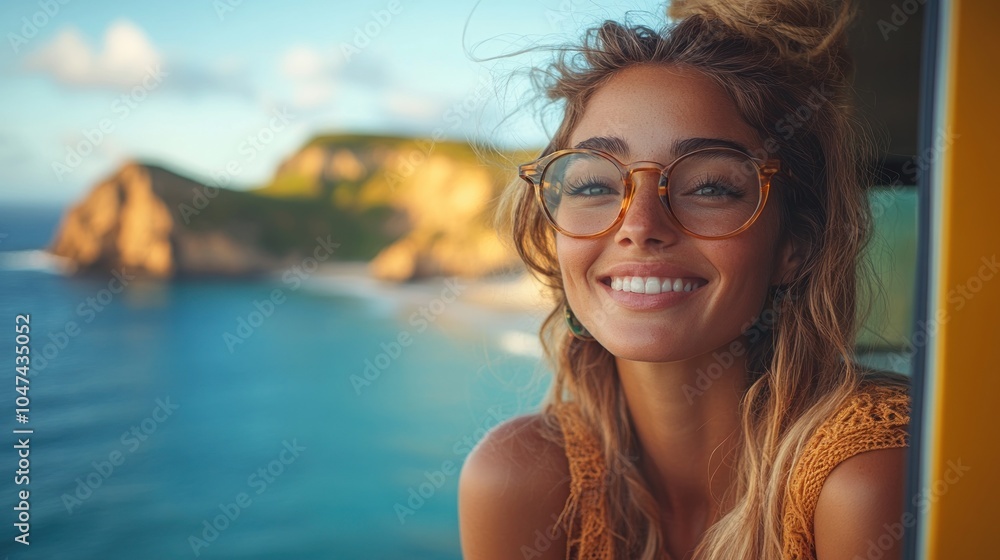 A smiling woman with glasses enjoys a scenic coastal view from a vehicle. A smiling woman with glasses enjoys a scenic coastal view from a vehicle.
