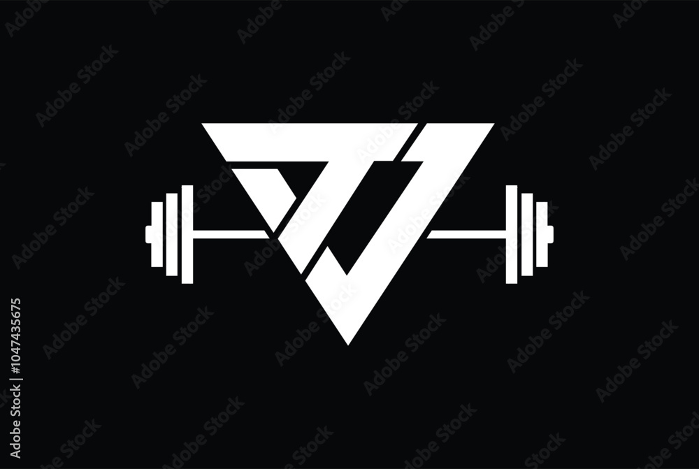 T, J, TJ OR JT gym and fitness logo in triangle shape with barbell - gym and fitness logo icon vector illustration design T, J, TJ OR JT gym and fitness logo in triangle shape with barbell - gym and fitness logo icon vector illustration design