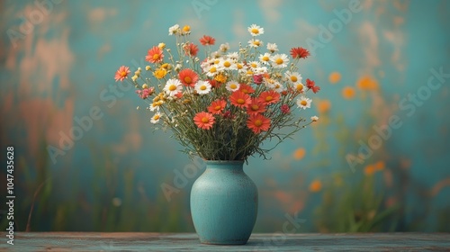 A vibrant bouquet of wildflowers in a blue vase against a soft, colorful background.