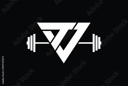 T, J, TJ OR JT gym and fitness logo in triangle shape with barbell - gym and fitness logo icon vector illustration design