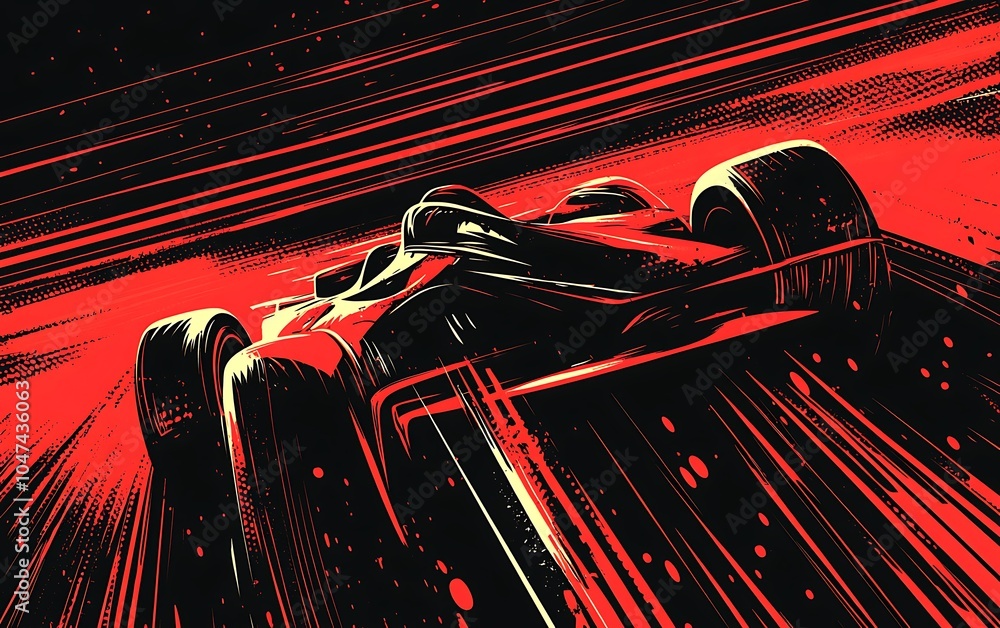 A black and white racing car with red highlights is depicted driving at ...