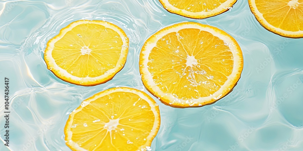 Juicy orange slices float in clear blue water with gentle ripples reflecting bright tones Juicy orange slices float in clear blue water with gentle ripples reflecting bright tones