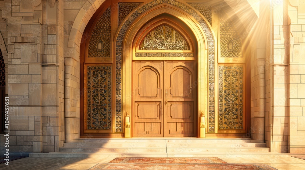 Ornate Golden Mosque Entrance with Sunlight Ornate Golden Mosque Entrance with Sunlight