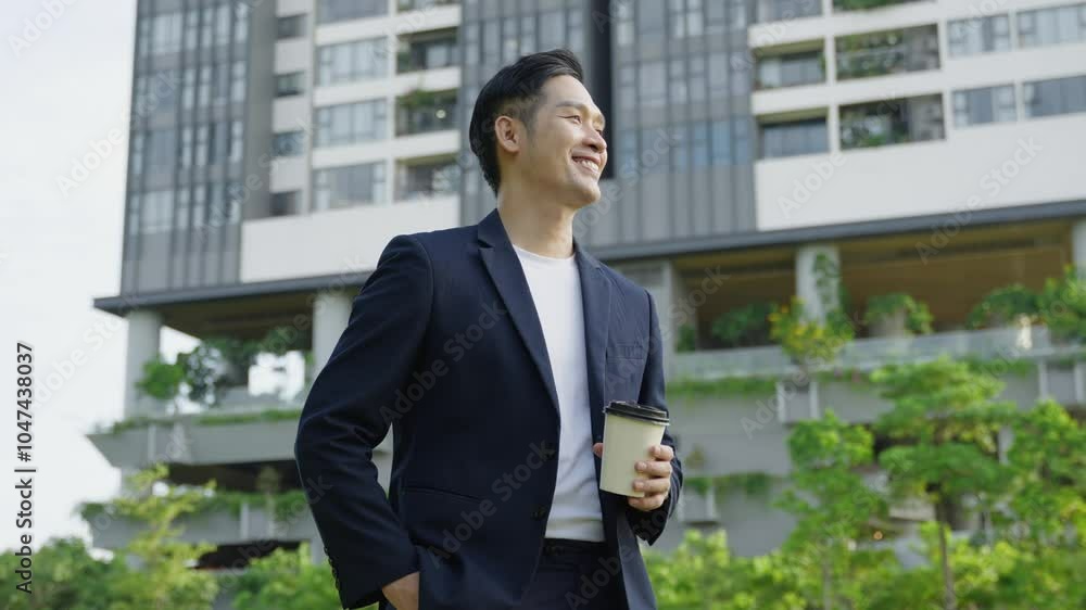 Happy Asian business man using phone and drink coffee on the street , tower Happy Asian business man using phone and drink coffee on the street , tower