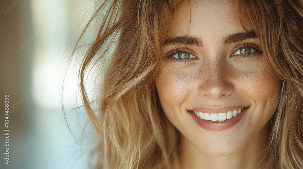 Young woman with a bright smile and wavy hair enjoying a sunny indoor setting in the afternoon, radiating warmth and confidence Young woman with a bright smile and wavy hair enjoying a sunny indoor setting in the afternoon, radiating warmth and confidence
