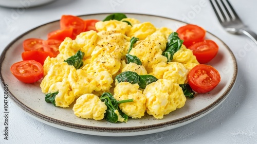 Fresh Scrambled Eggs with Spinach and Cherry Tomatoes