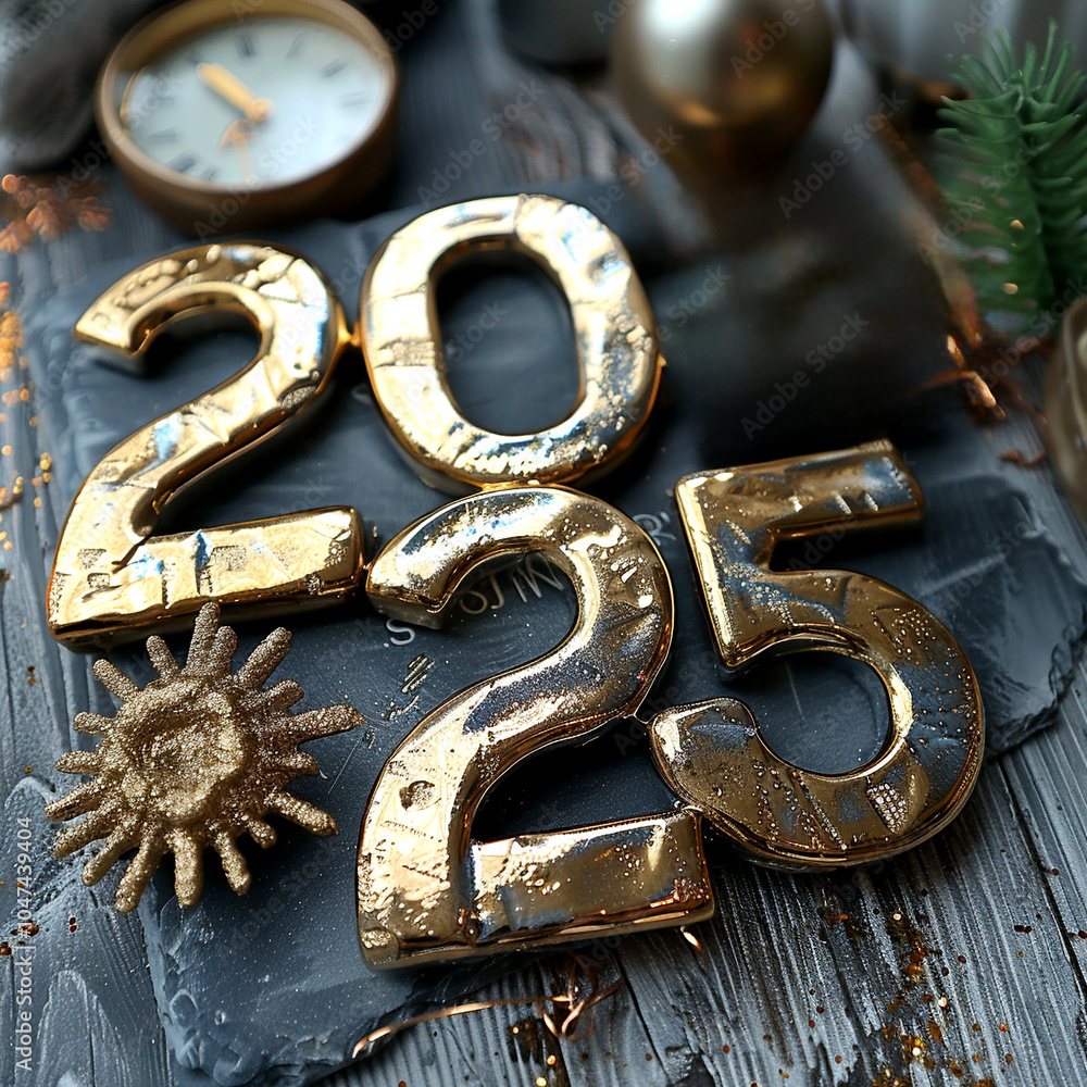 Glimmering gold numbers 2025 arranged on a textured surface for New Year celebrations Glimmering gold numbers 2025 arranged on a textured surface for New Year celebrations