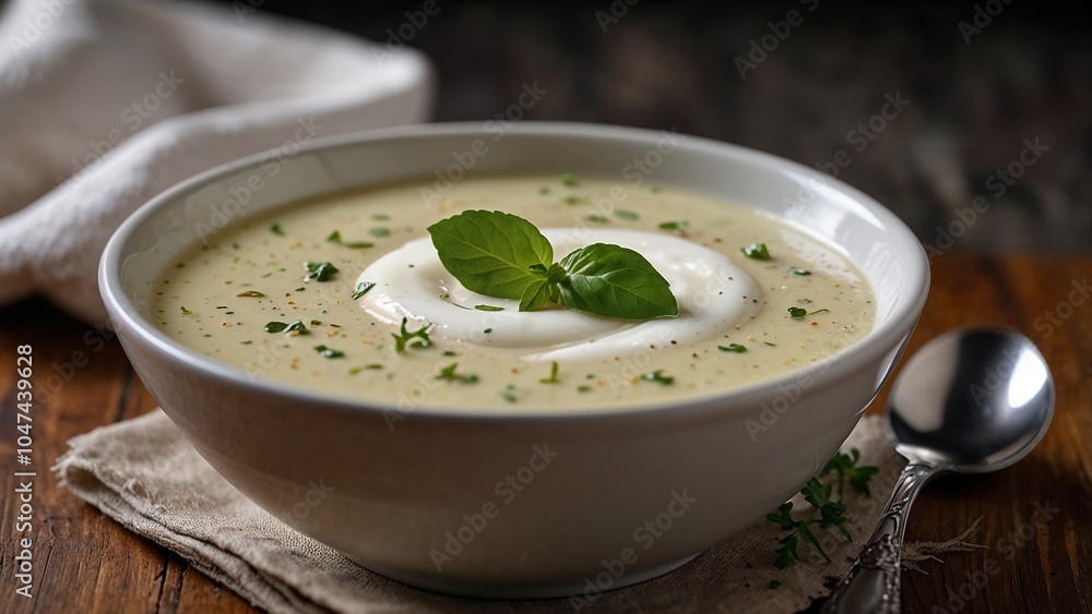 Creamy soup with herbs and sour cream served in a bowl on wooden table Creamy soup with herbs and sour cream served in a bowl on wooden table