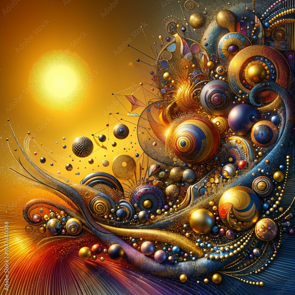 A mesmerizing brooch, with an array of colorful, spherical objects flows in a dynamic composition against a vibrant background. The bright, glowing sun casts a golden hue over the scene, (Gen, A.I.) A mesmerizing brooch, with an array of colorful, spherical objects flows in a dynamic composition against a vibrant background. The bright, glowing sun casts a golden hue over the scene, (Gen, A.I.)