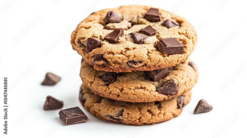 A classic chocolate chip cookie stack, isolated on a white background, with chunks of chocolate visible in the cookies, perfect for snack or dessert ideas. A classic chocolate chip cookie stack, isolated on a white background, with chunks of chocolate visible in the cookies, perfect for snack or dessert ideas.