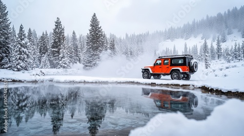 Compact Expedition Vehicle Captured in Yellowstone's Vibrant Thermal Pools: A Crisp Winter Morning with Steam, Snow-Dusted Pines, and Pristine Natural Beauty.