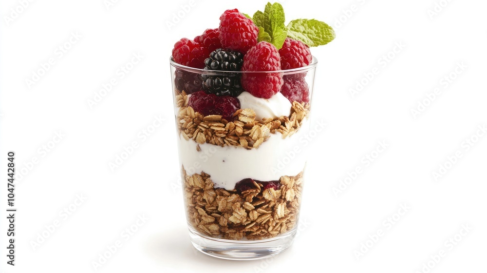 A parfait glass layered with yogurt, granola, and fresh berries, placed against a white background for a healthy snack or dessert idea. A parfait glass layered with yogurt, granola, and fresh berries, placed against a white background for a healthy snack or dessert idea.