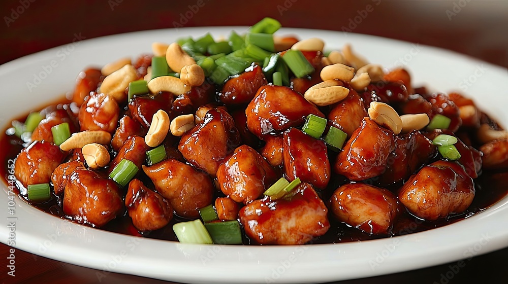 A perfectly arranged plate of kung pao chicken, garnished with peanuts and green onions, served on a white dish, capturing the vibrancy of this spicy stir-fry.