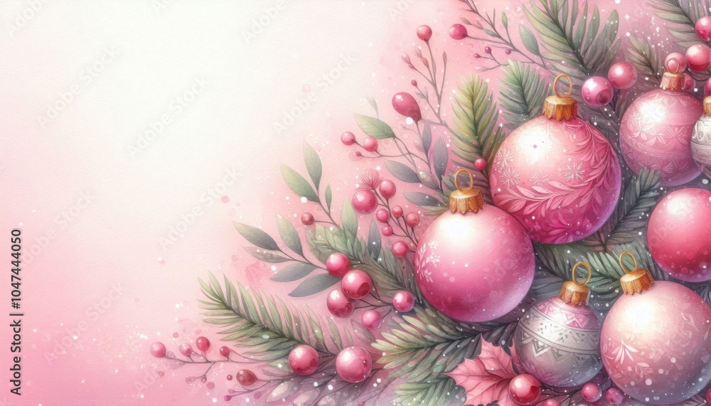 Fototapeta premium Weihnachtskugeln in Transcendent Pink, arrangiert mit Tannenzweigen, Schleifen, Blüten und Sternen, vor einem zarten pastellfarbenen Hintergrund. Festliche Weihnachtsdekoration. Generative KI