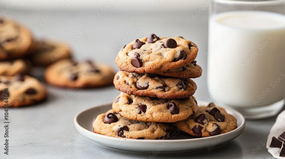 A plate of soft, chewy chocolate chip cookies stacked on top of each other, with a glass of milk on the side for a comforting snack. A plate of soft, chewy chocolate chip cookies stacked on top of each other, with a glass of milk on the side for a comforting snack.