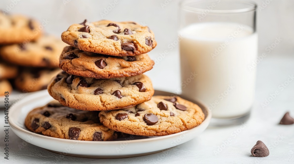 A plate of soft, chewy chocolate chip cookies stacked on top of each other, with a glass of milk on the side for a comforting snack. A plate of soft, chewy chocolate chip cookies stacked on top of each other, with a glass of milk on the side for a comforting snack.