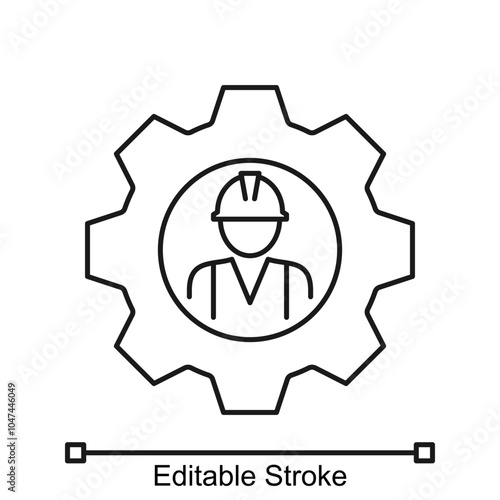 Technician with gear icon. editable stroke
