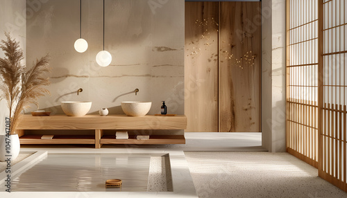 Modern Japandi bathroom interior design in earth tones, natural textures with wooden solid oak furniture and sliding Japanese wood doors. Japandi concept