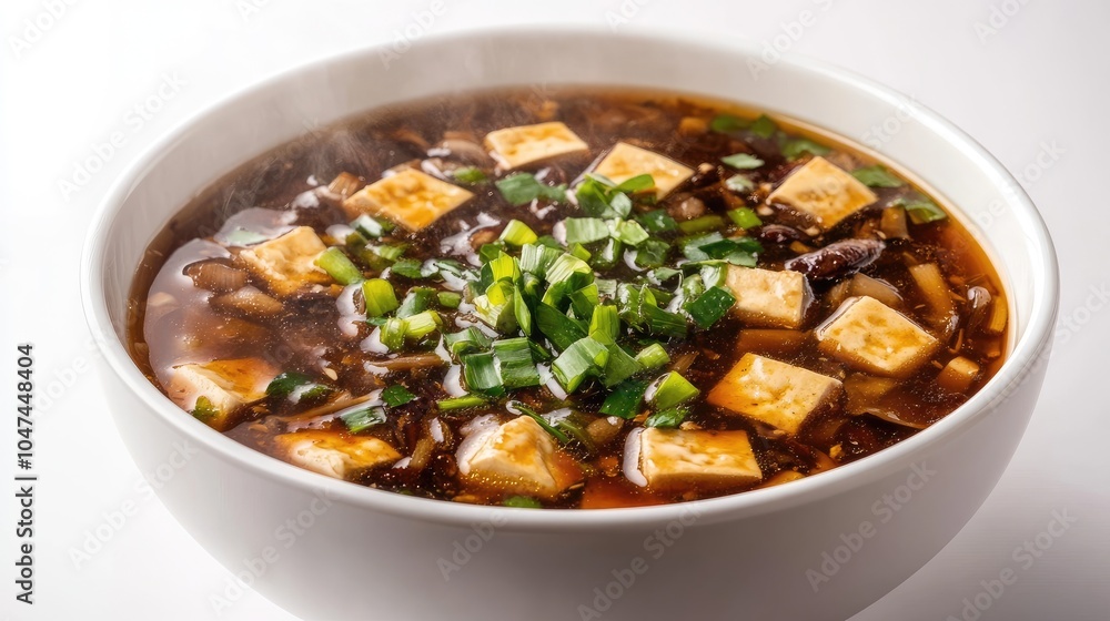 A steaming bowl of Chinese hot and sour soup with tofu, mushrooms, and green onions, served in a white ceramic bowl against a clean white background. A steaming bowl of Chinese hot and sour soup with tofu, mushrooms, and green onions, served in a white ceramic bowl against a clean white background.