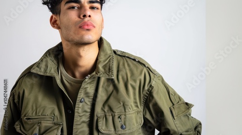 Close-up Portrait of a Young Man Wearing a Green Utility Jacket