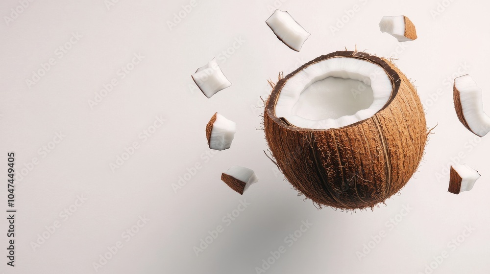 Fototapeta premium Coconut Floating with Pieces in Mid-Air