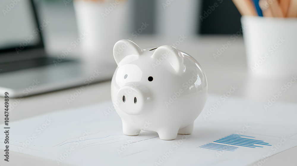 White Piggy Bank and Diagrams on the Table: Symbolising Financial Planning and Savings Strategy White Piggy Bank and Diagrams on the Table: Symbolising Financial Planning and Savings Strategy