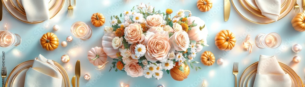 Cozy fall dinner with pumpkin and flower centerpiece arrangement concept. A beautifully arranged table setting featuring colorful flowers elegant plates and a soft blue background Cozy fall dinner with pumpkin and flower centerpiece arrangement concept. A beautifully arranged table setting featuring colorful flowers elegant plates and a soft blue background