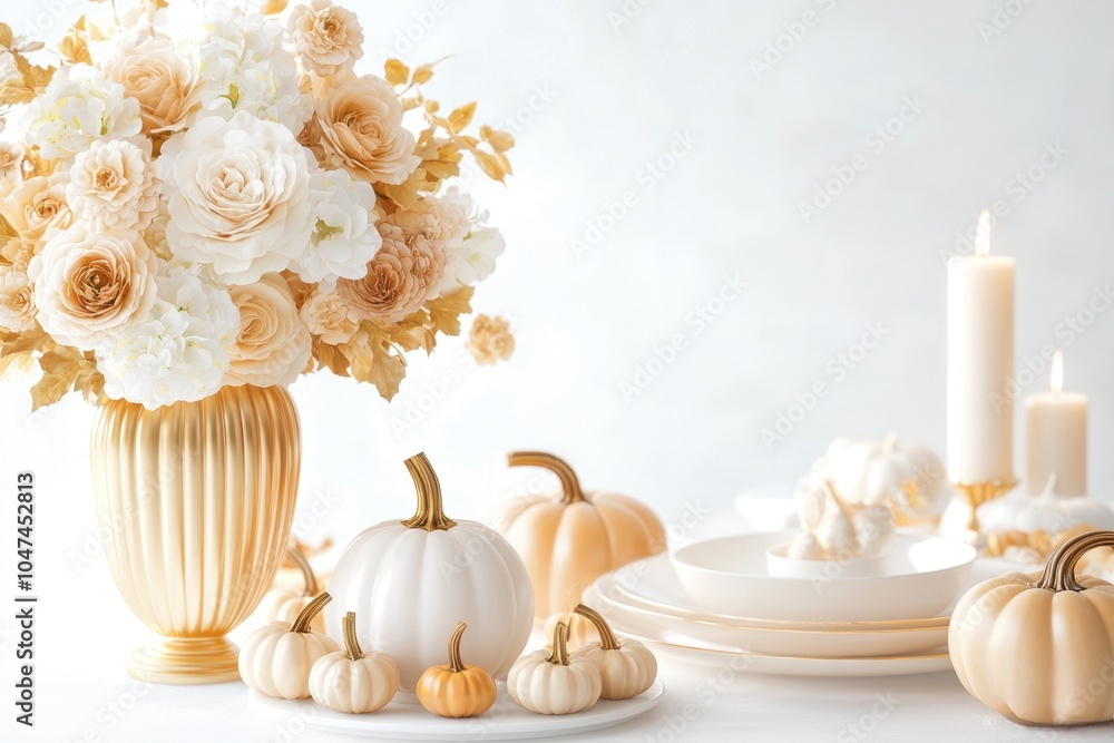 Cozy fall dinner with pumpkin and flower centerpiece arrangement concept. A serene autumn display featuring soft-hued flowers Cozy fall dinner with pumpkin and flower centerpiece arrangement concept. A serene autumn display featuring soft-hued flowers