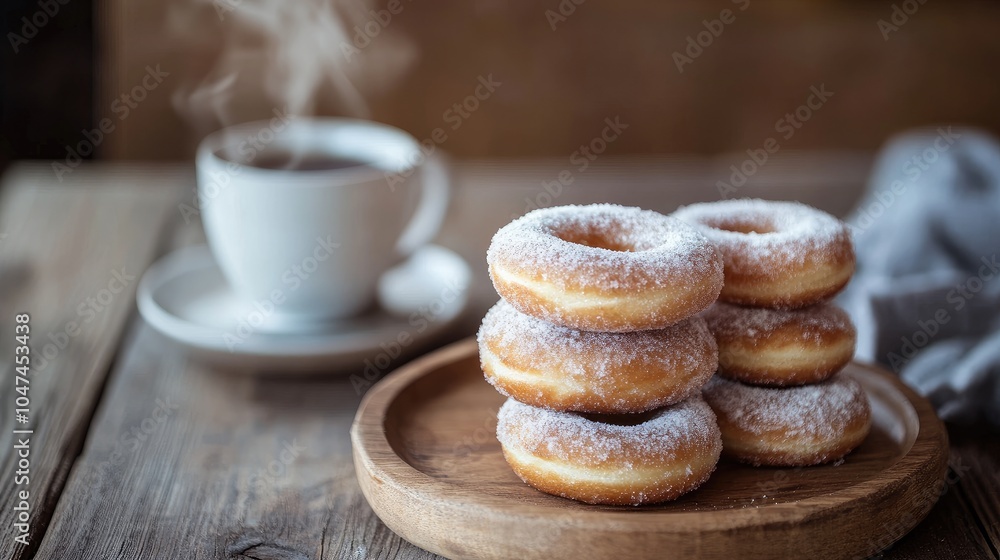 Crispy fried doughnuts with a sugar glaze, stacked on a wooden plate, accompanied by a steaming cup of coffee for a sweet and satisfying snack. Crispy fried doughnuts with a sugar glaze, stacked on a wooden plate, accompanied by a steaming cup of coffee for a sweet and satisfying snack.